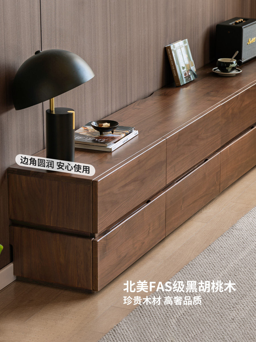 Solid Wood TV Stand Living Room Italian Light Luxury Splicing Floor Cabinet Black Walnut Floor-Standing TV Cabinet